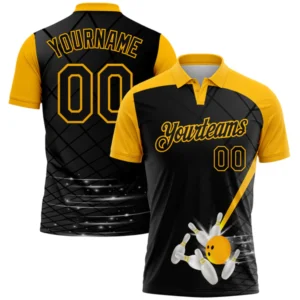 Custom Black Gold 3D Pattern Design Bowling Performance Golf Polo Shirt