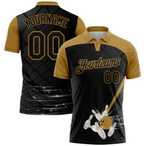 Custom Black Old Gold 3D Pattern Design Bowling Performance Golf Polo Shirt